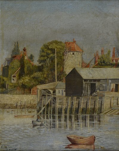 Een kanaalzijde met scheepswerf, 1884 door Leslie Clayton